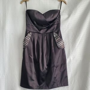Y2K Satin Black Strapless Mini Dress Pleats Pockets Silver Studs Dark Fairy boho
